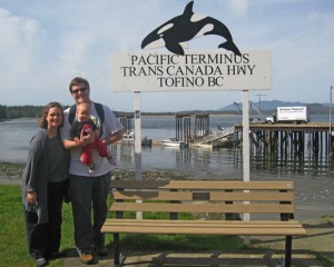At the Trans-Canada Highway with kids at Tofino BC 